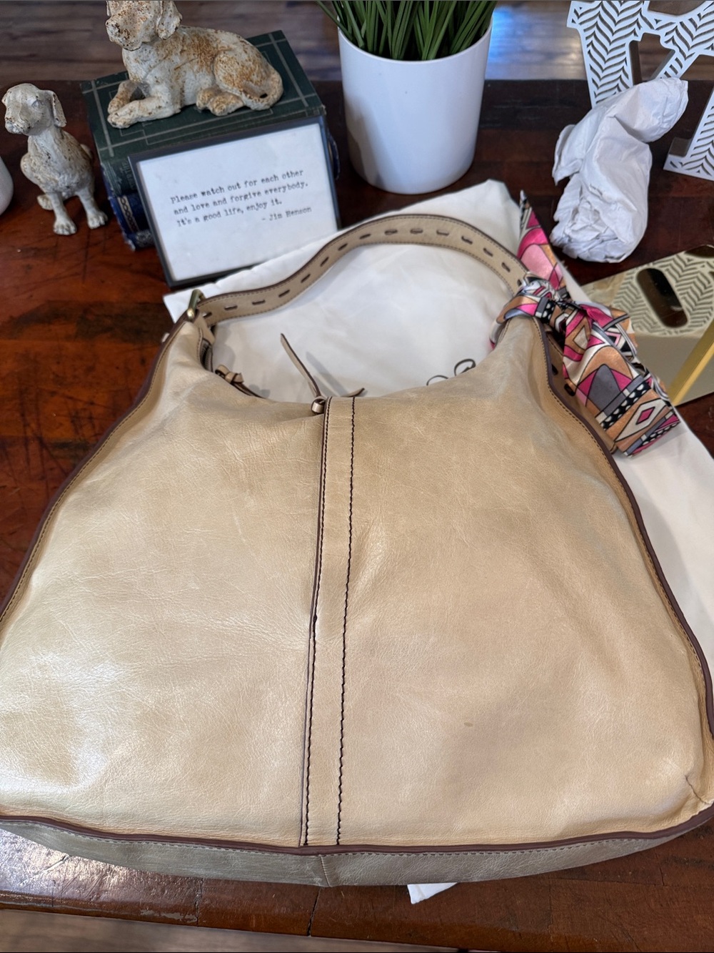Hobo Beige Leather Hobo Bag with Patterned Scarf - Picture 14 of 14